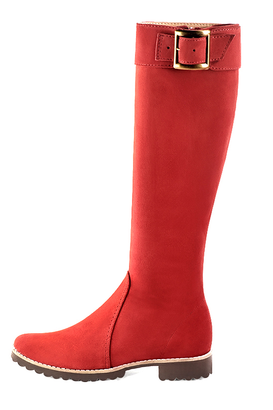 Scarlet red women's riding knee-high boots. Round toe. Flat rubber soles. Made to measure. Profile view - Florence KOOIJMAN